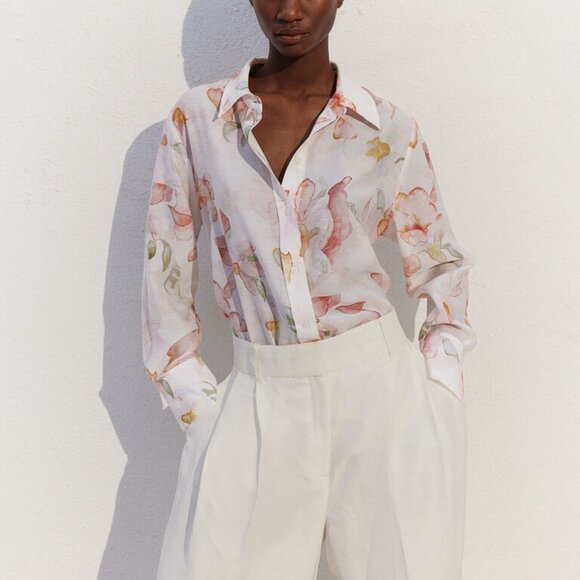 NWOT H&M Pastel Floral Long Sleeve Button Down Shirt | SZ S - Picture 1 of 12